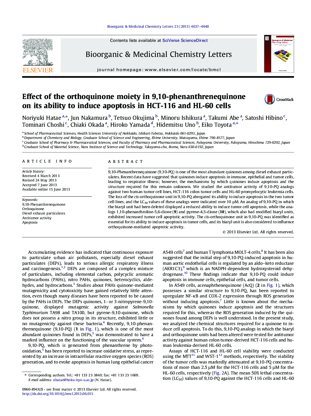 Effect of the orthoquinone moiety in 9,10-phenanthrenequinone on its ability to induce apoptosis in HCT-116 and HL-60 cells