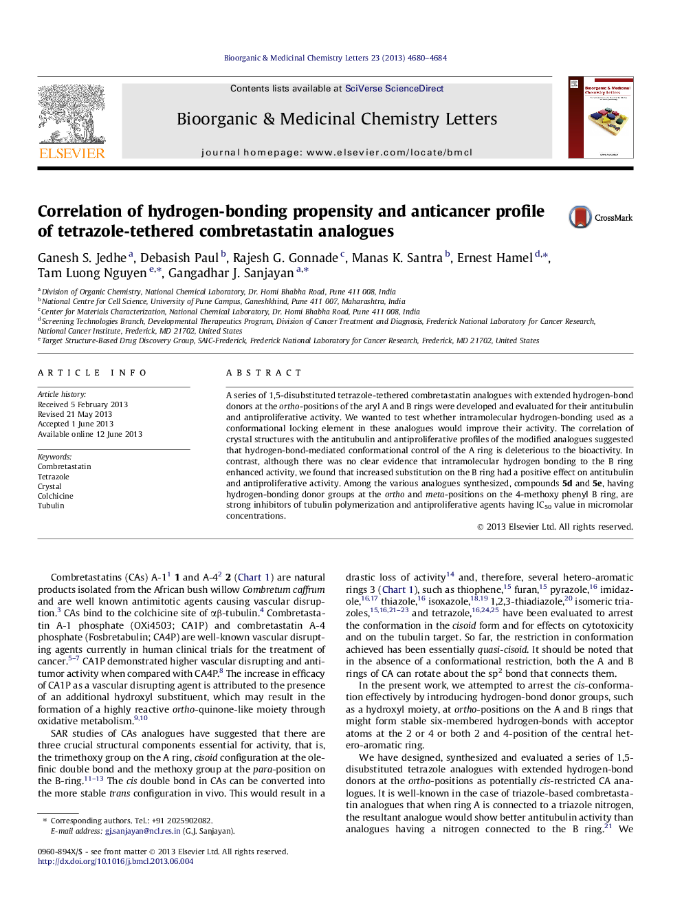 Correlation of hydrogen-bonding propensity and anticancer profile of tetrazole-tethered combretastatin analogues