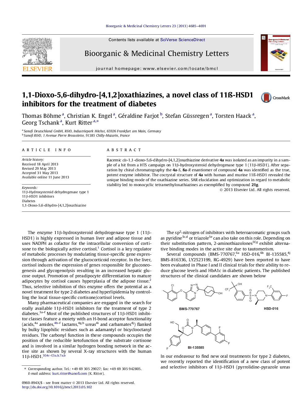 1,1-Dioxo-5,6-dihydro-[4,1,2]oxathiazines, a novel class of 11ß-HSD1 inhibitors for the treatment of diabetes