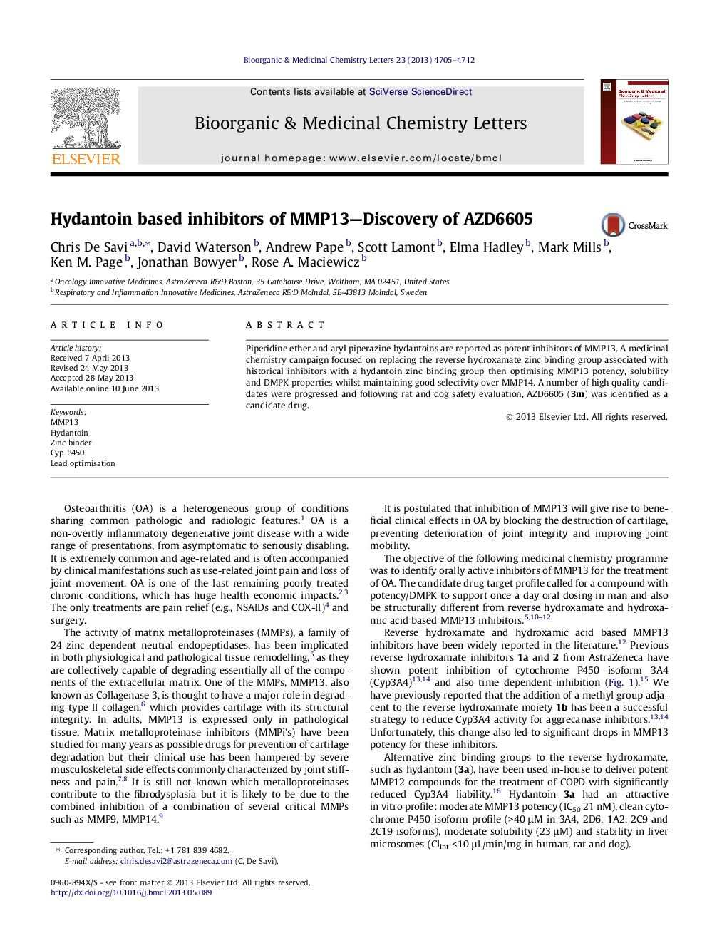 Hydantoin based inhibitors of MMP13—Discovery of AZD6605