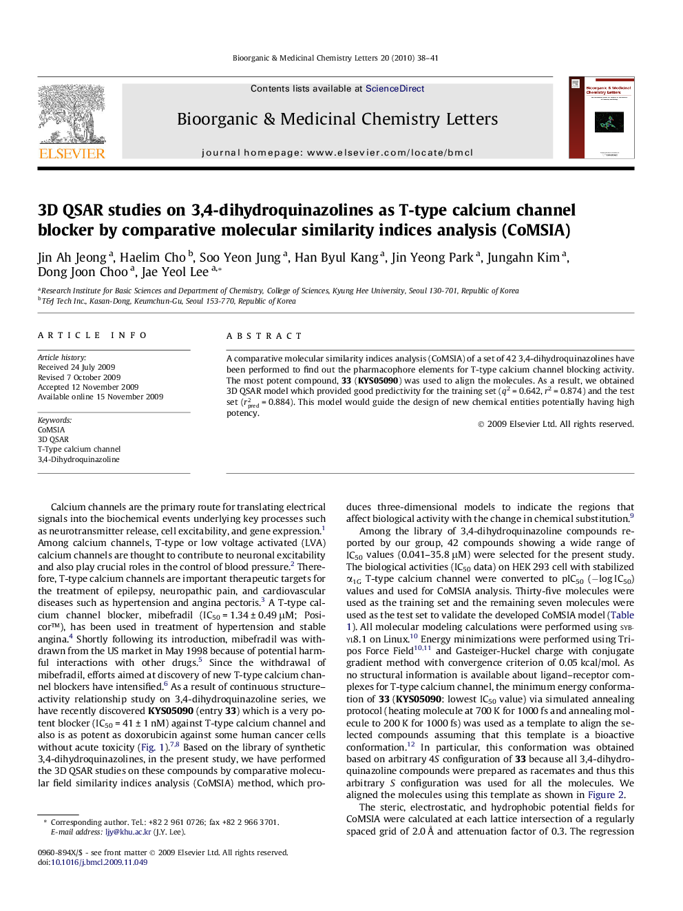 3D QSAR studies on 3,4-dihydroquinazolines as T-type calcium channel blocker by comparative molecular similarity indices analysis (CoMSIA)