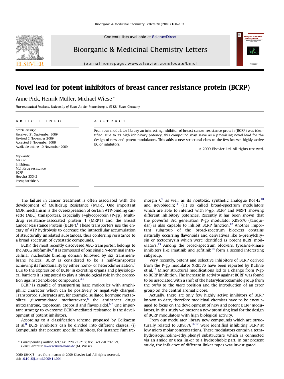 Novel lead for potent inhibitors of breast cancer resistance protein (BCRP)