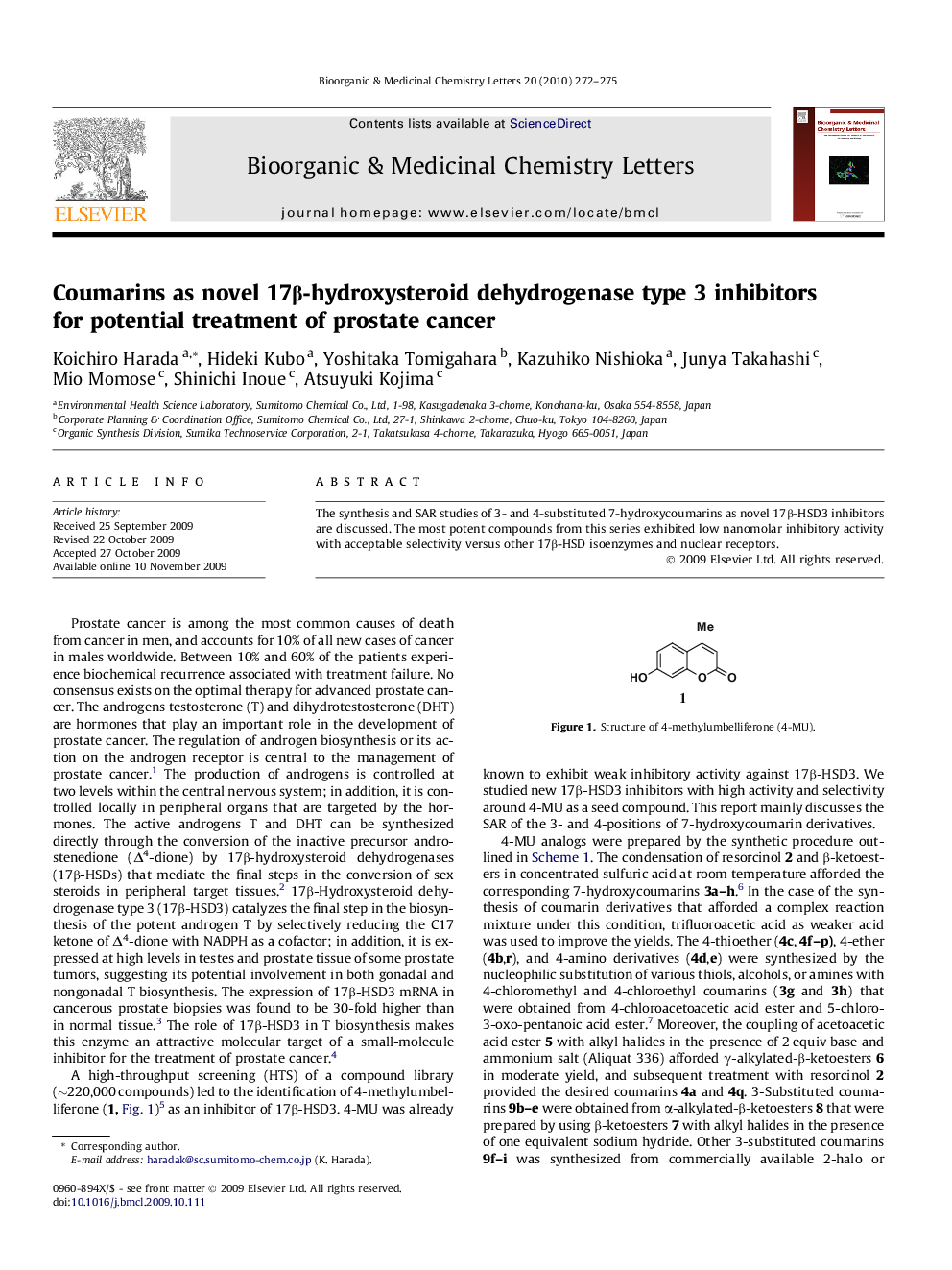 Coumarins as novel 17β-hydroxysteroid dehydrogenase type 3 inhibitors for potential treatment of prostate cancer