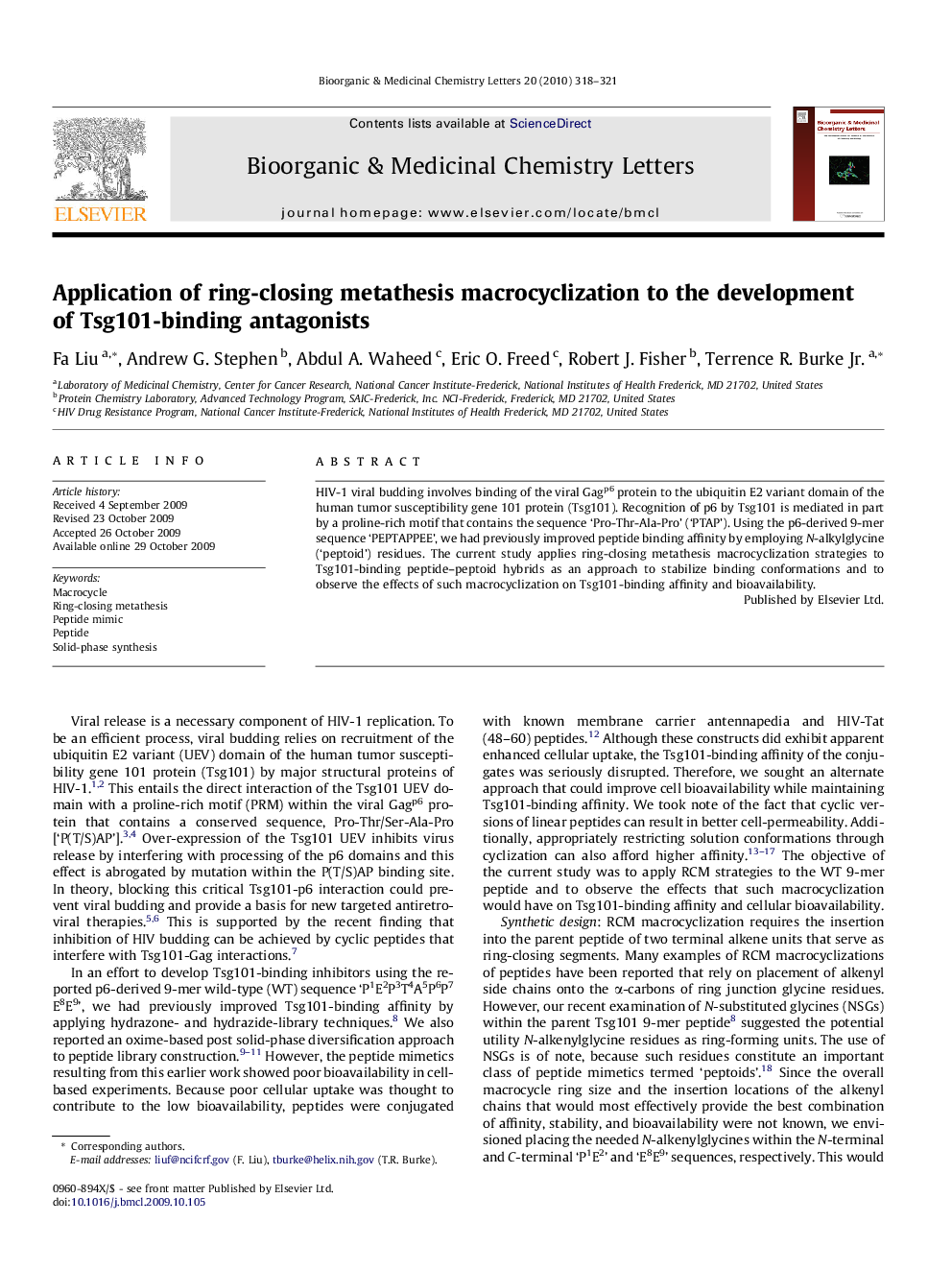 Application of ring-closing metathesis macrocyclization to the development of Tsg101-binding antagonists