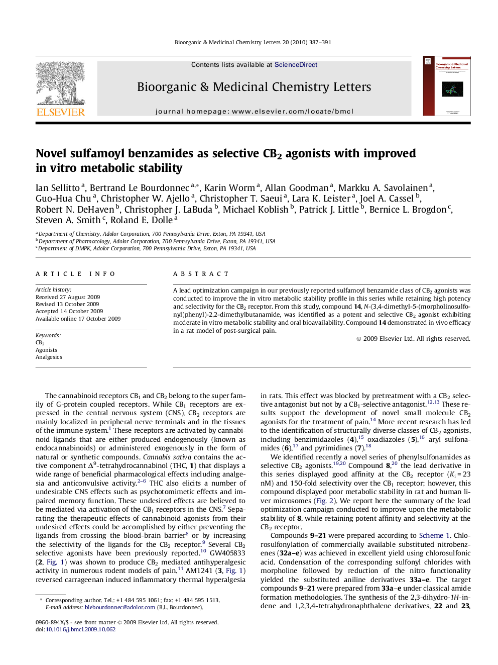 Novel sulfamoyl benzamides as selective CB2 agonists with improved in vitro metabolic stability