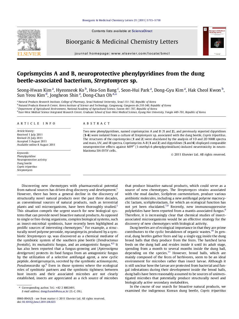 Coprismycins A and B, neuroprotective phenylpyridines from the dung beetle-associated bacterium, Streptomyces sp.