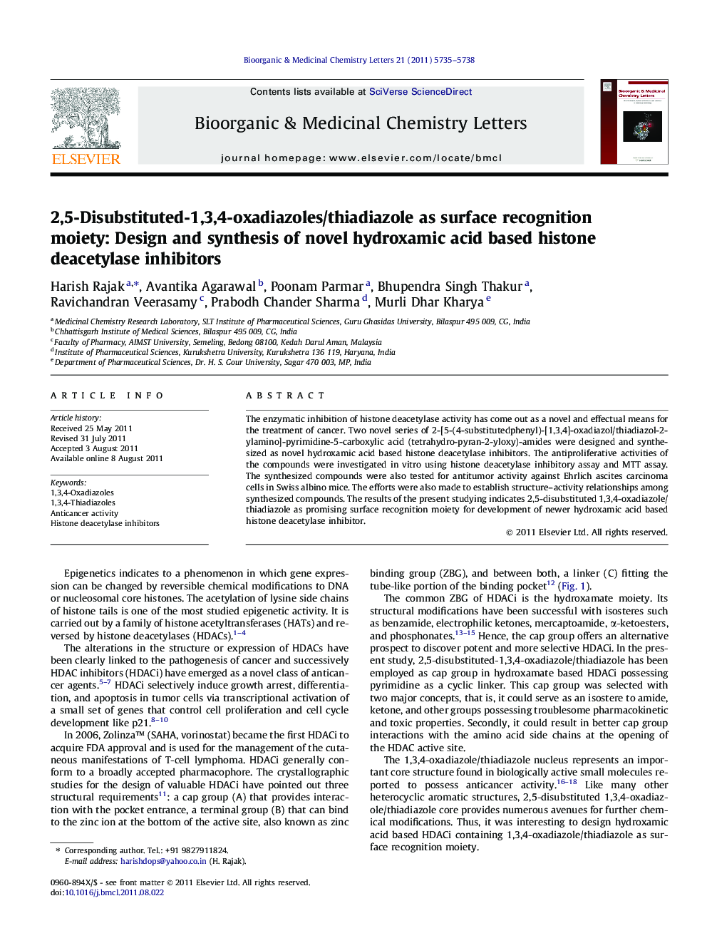 2,5-Disubstituted-1,3,4-oxadiazoles/thiadiazole as surface recognition moiety: Design and synthesis of novel hydroxamic acid based histone deacetylase inhibitors