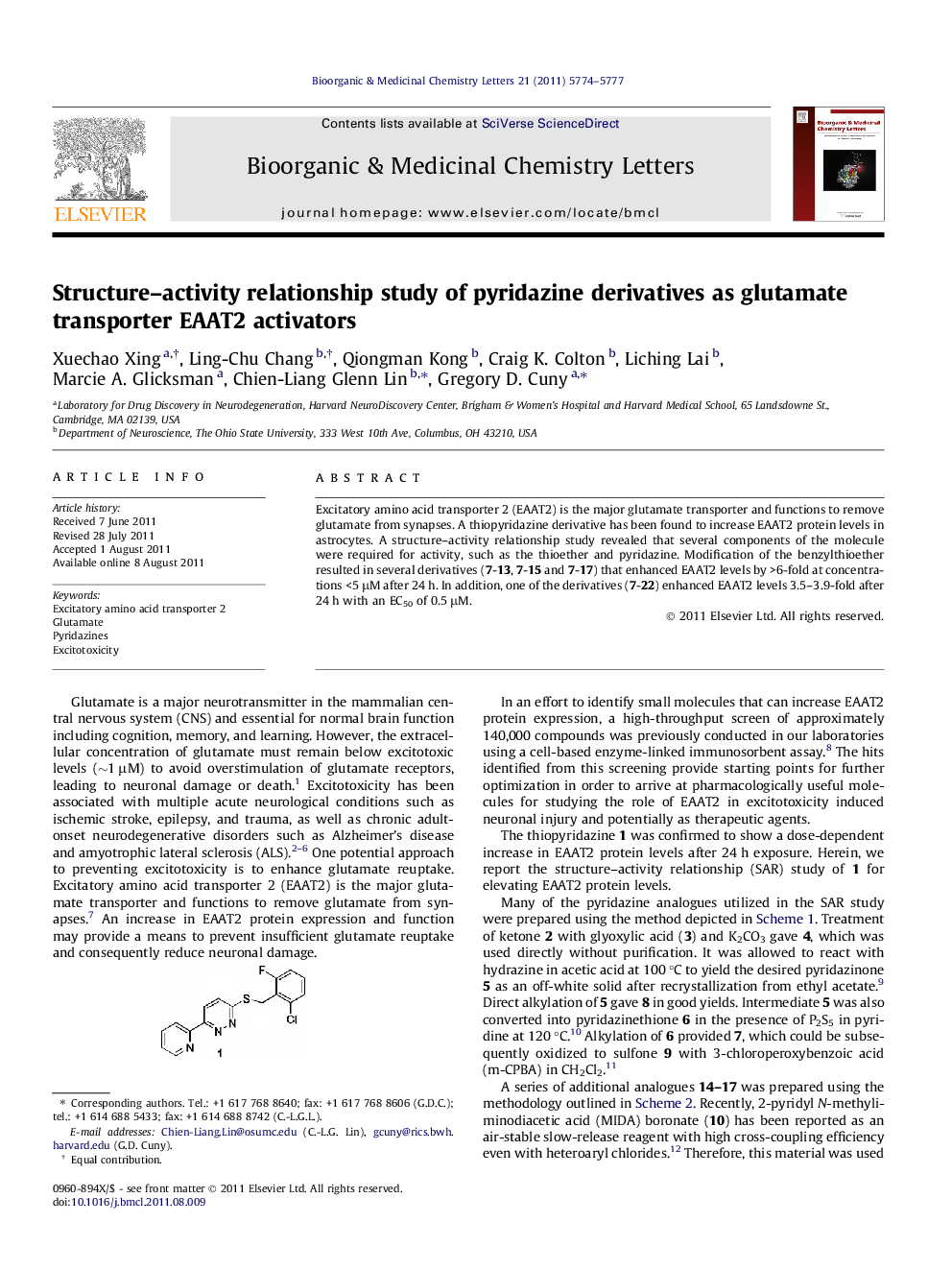 Structure–activity relationship study of pyridazine derivatives as glutamate transporter EAAT2 activators