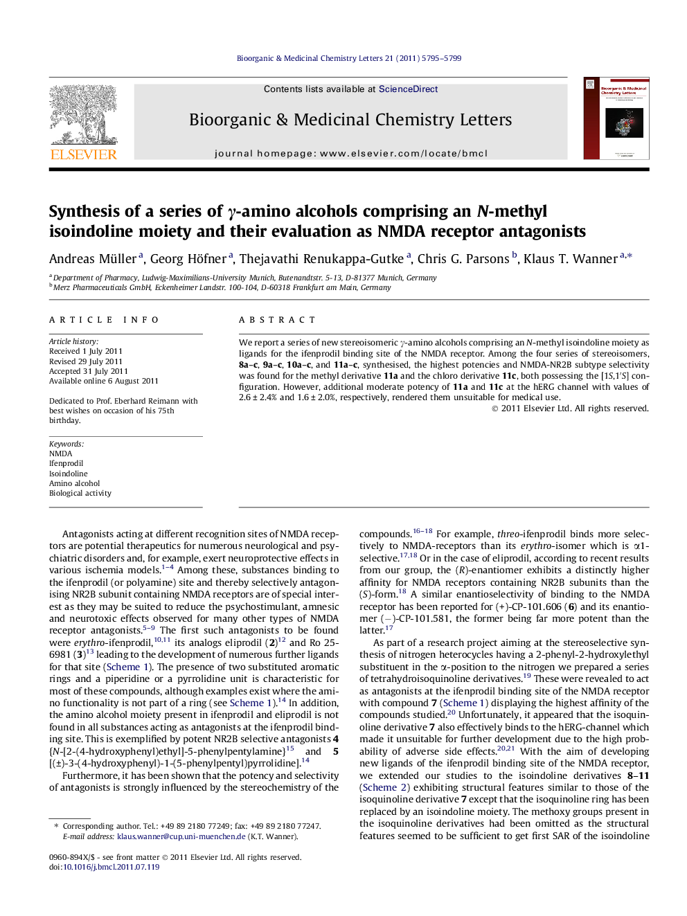 Synthesis of a series of γ-amino alcohols comprising an N-methyl isoindoline moiety and their evaluation as NMDA receptor antagonists