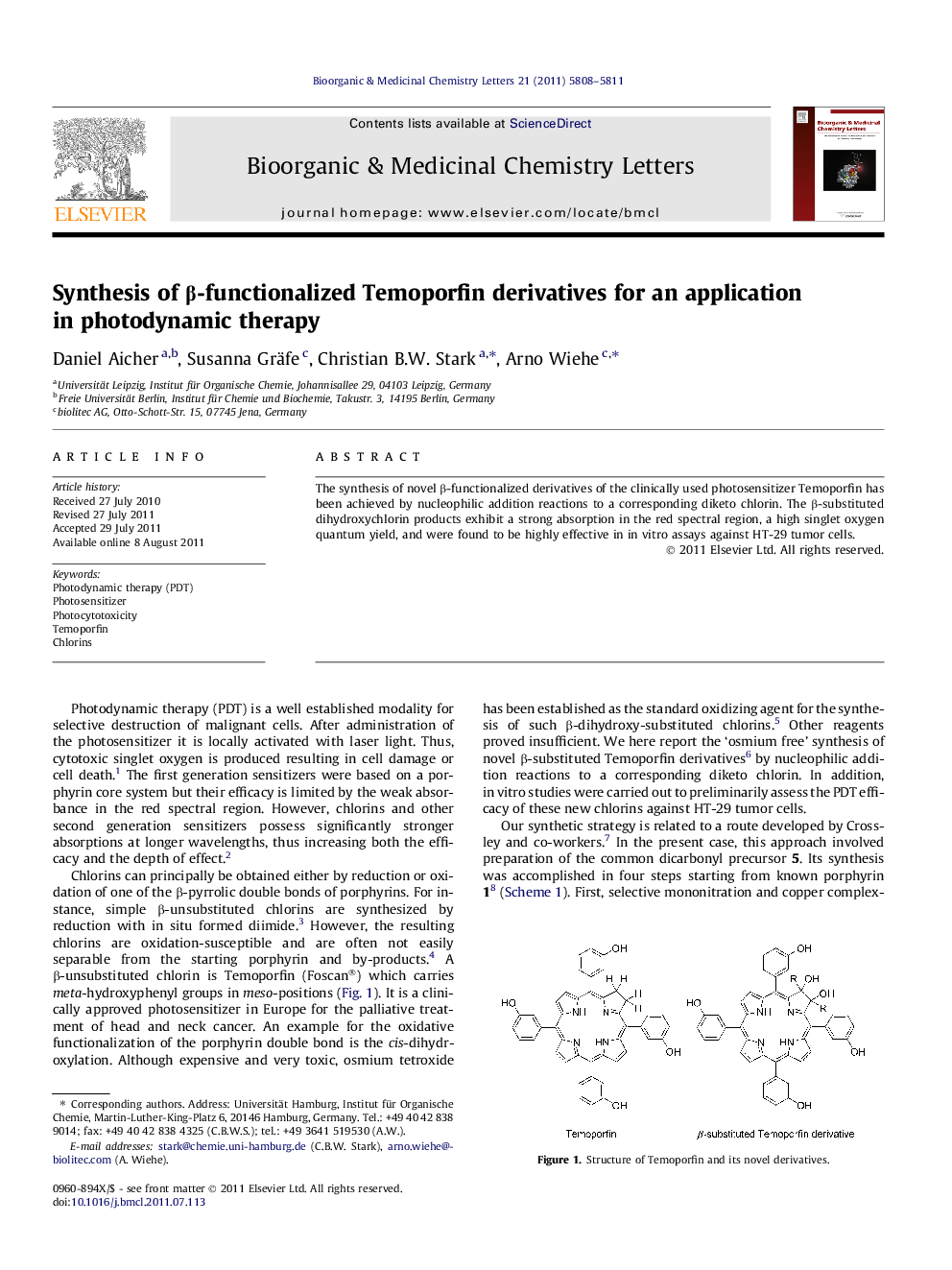 Synthesis of β-functionalized Temoporfin derivatives for an application in photodynamic therapy