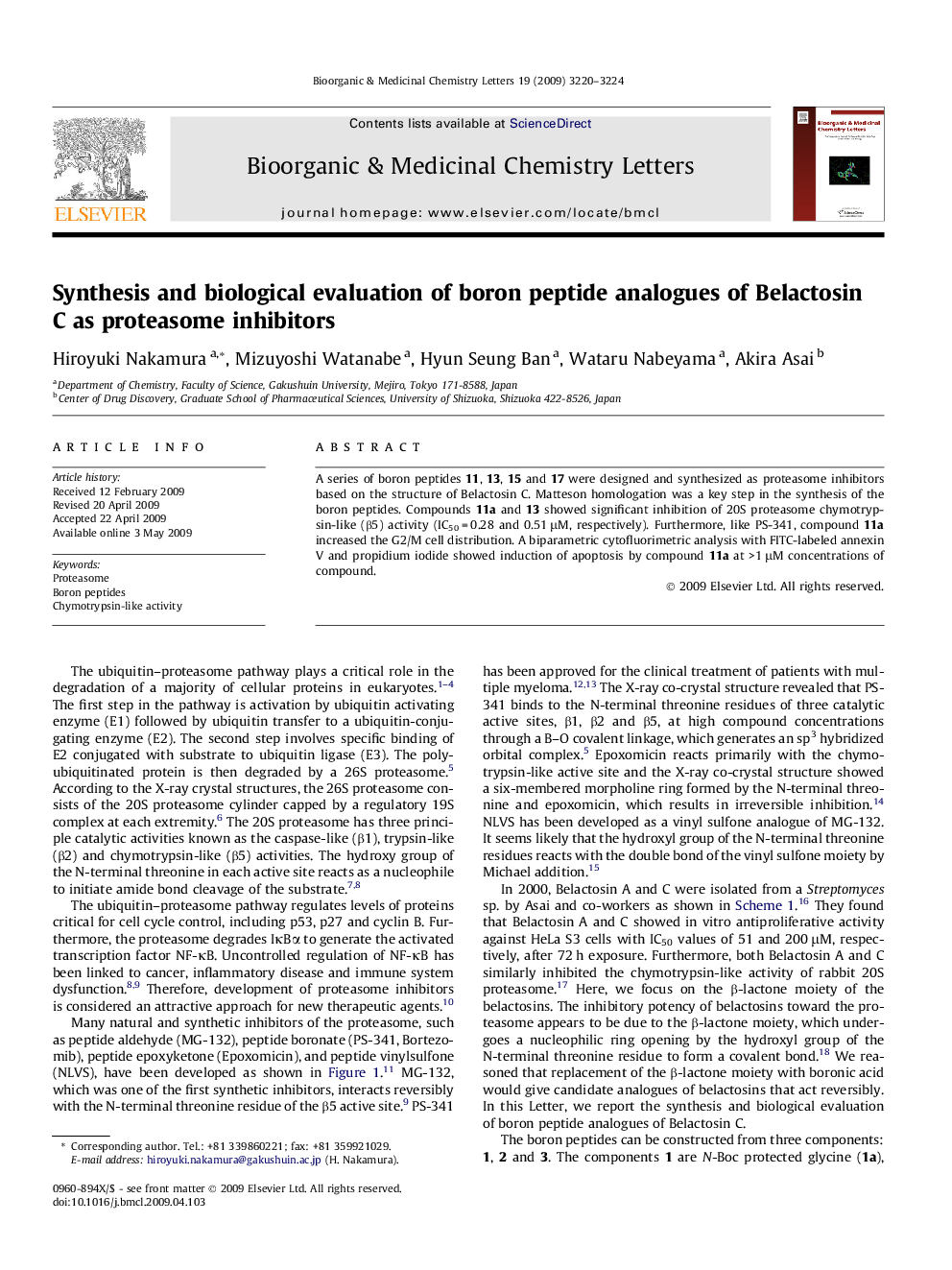 Synthesis and biological evaluation of boron peptide analogues of Belactosin C as proteasome inhibitors