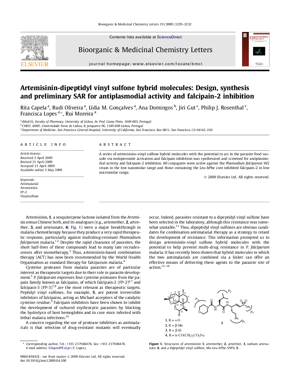 Artemisinin-dipeptidyl vinyl sulfone hybrid molecules: Design, synthesis and preliminary SAR for antiplasmodial activity and falcipain-2 inhibition