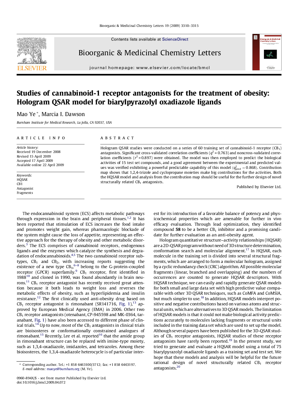 Studies of cannabinoid-1 receptor antagonists for the treatment of obesity: Hologram QSAR model for biarylpyrazolyl oxadiazole ligands