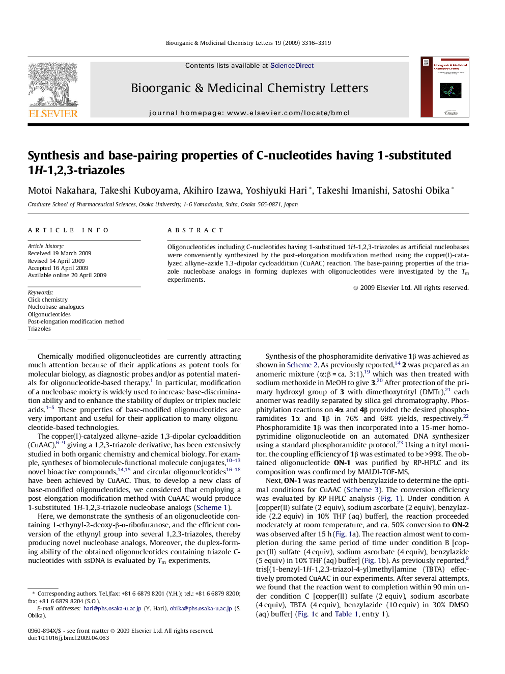 Synthesis and base-pairing properties of C-nucleotides having 1-substituted 1H-1,2,3-triazoles