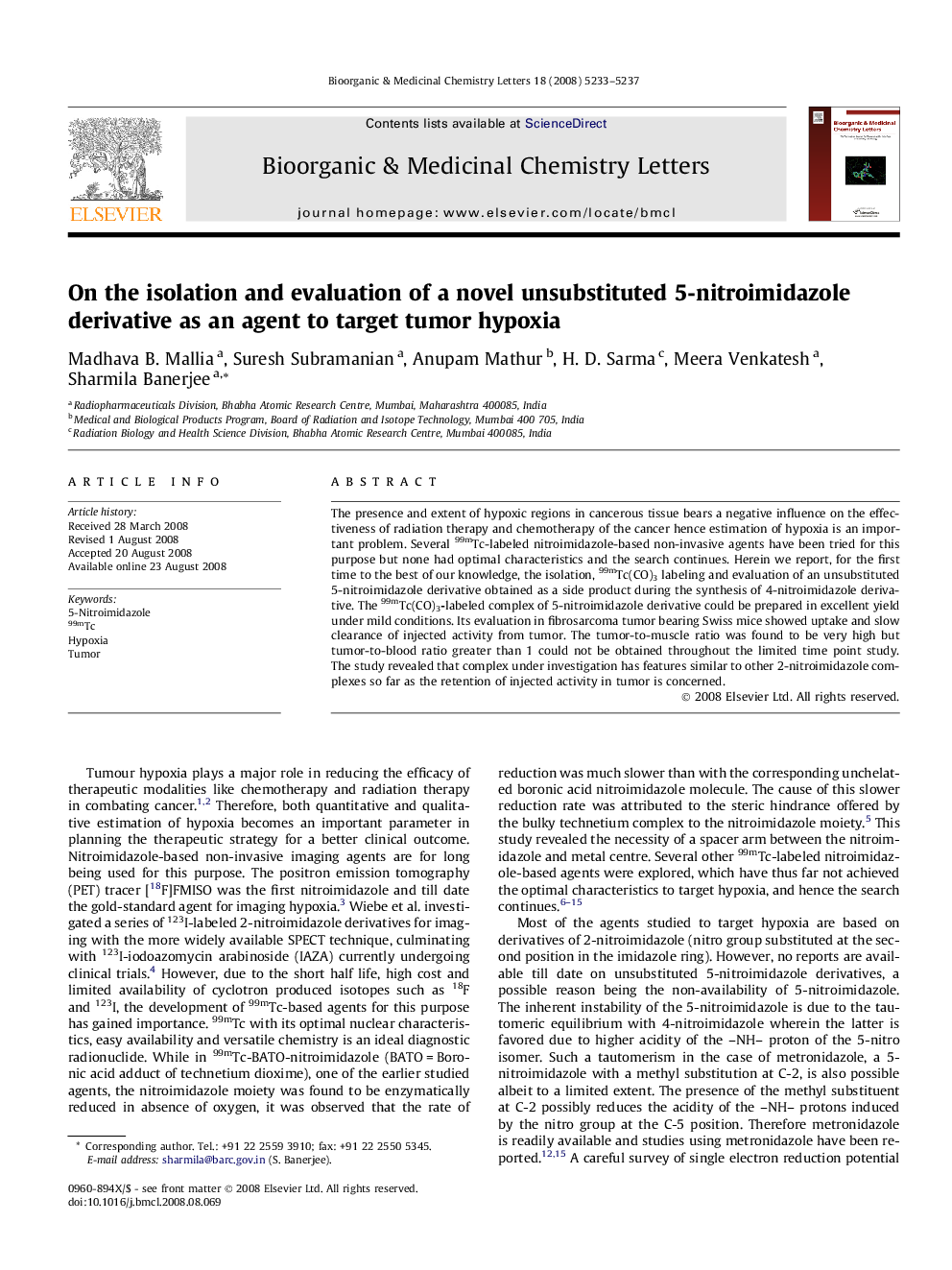 On the isolation and evaluation of a novel unsubstituted 5-nitroimidazole derivative as an agent to target tumor hypoxia