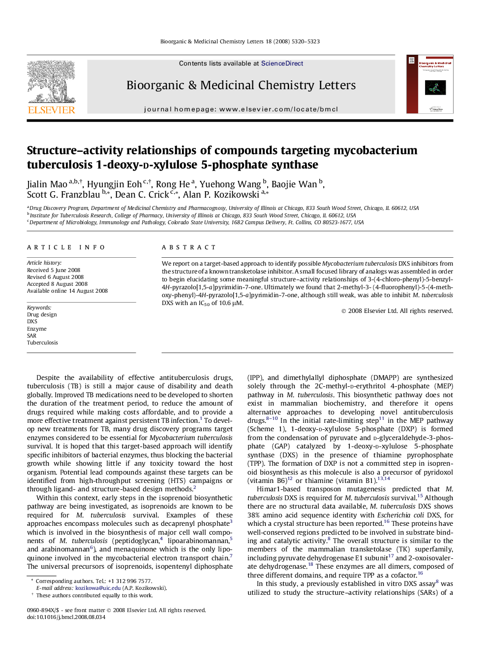 Structure–activity relationships of compounds targeting mycobacterium tuberculosis 1-deoxy-d-xylulose 5-phosphate synthase