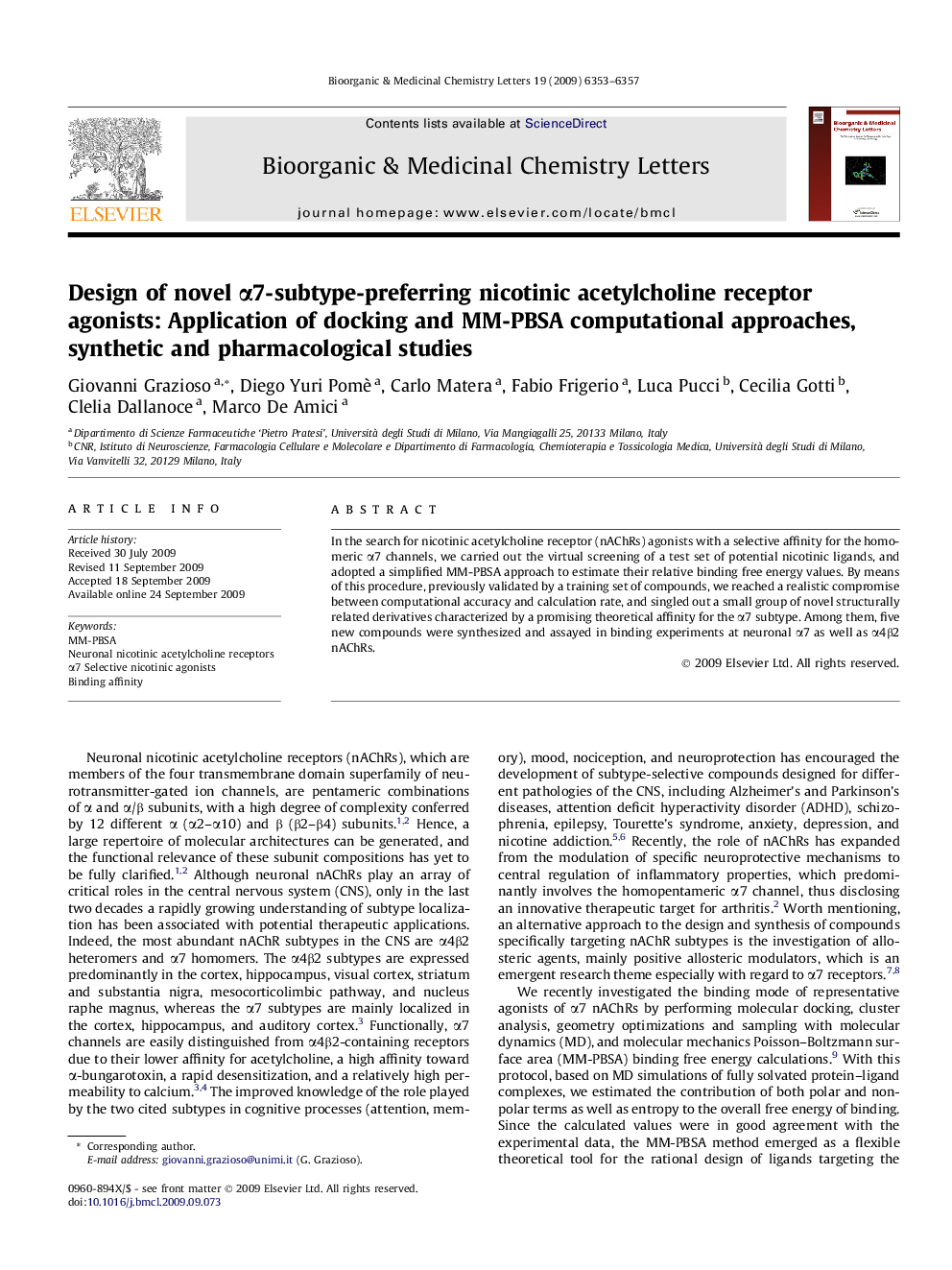 Design of novel α7-subtype-preferring nicotinic acetylcholine receptor agonists: Application of docking and MM-PBSA computational approaches, synthetic and pharmacological studies