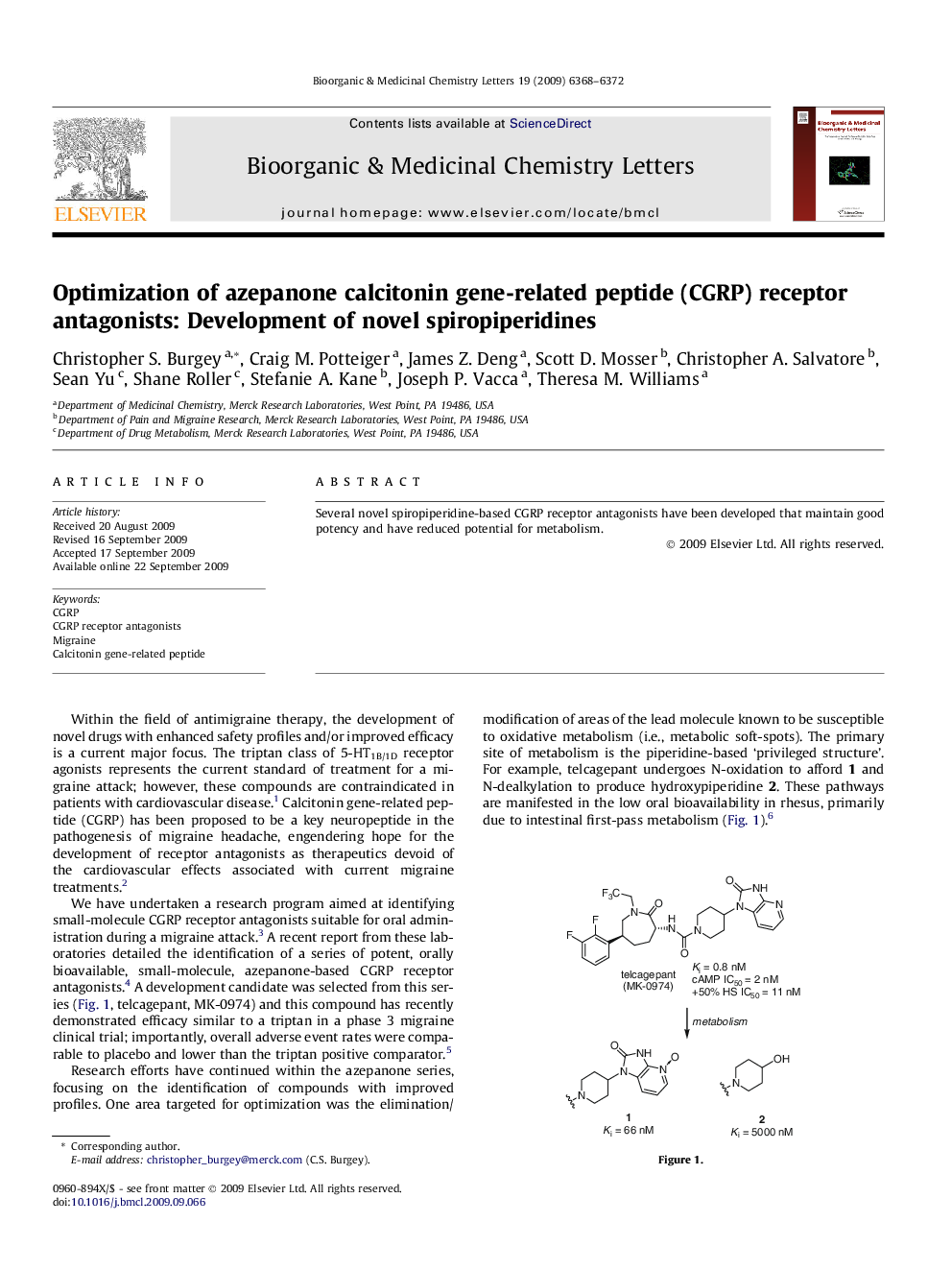 Optimization of azepanone calcitonin gene-related peptide (CGRP) receptor antagonists: Development of novel spiropiperidines