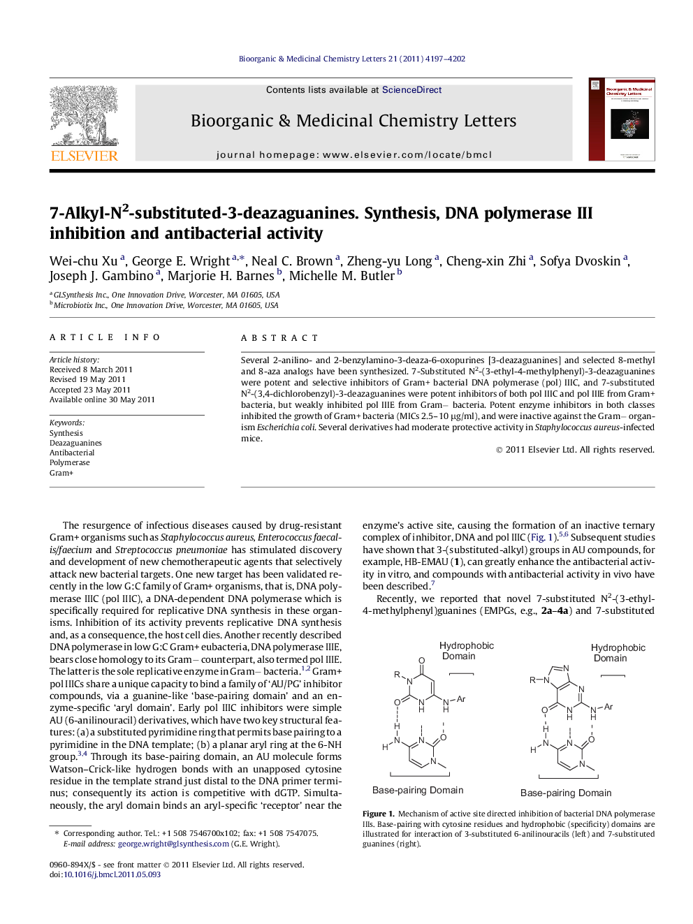 7-Alkyl-N2-substituted-3-deazaguanines. Synthesis, DNA polymerase III inhibition and antibacterial activity