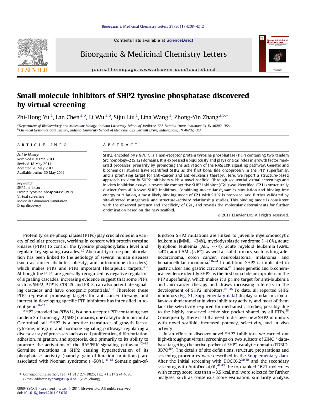 Small molecule inhibitors of SHP2 tyrosine phosphatase discovered by virtual screening