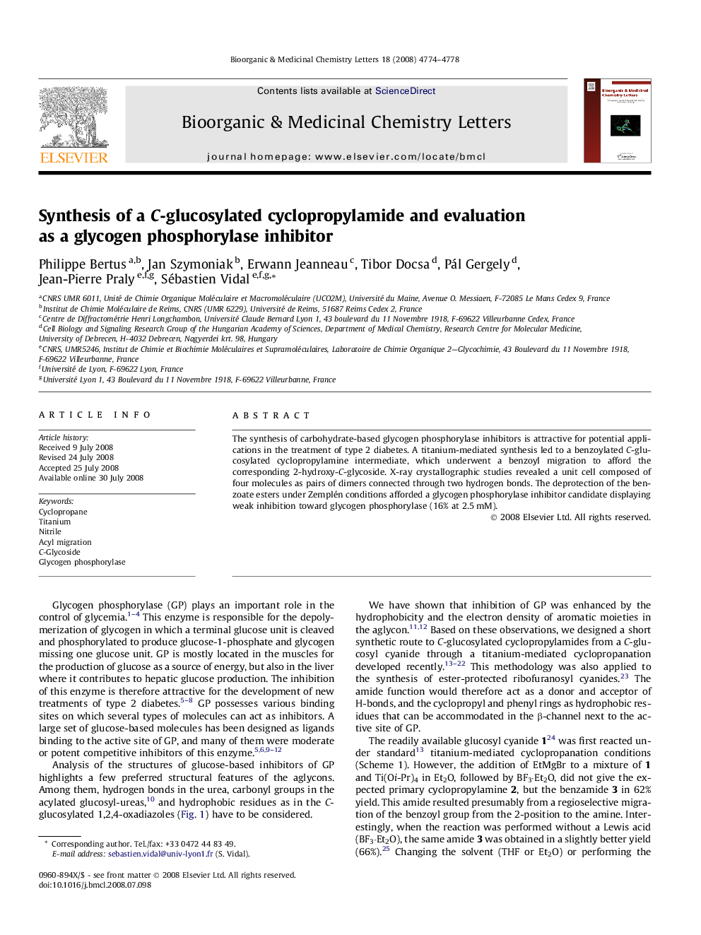 Synthesis of a C-glucosylated cyclopropylamide and evaluation as a glycogen phosphorylase inhibitor