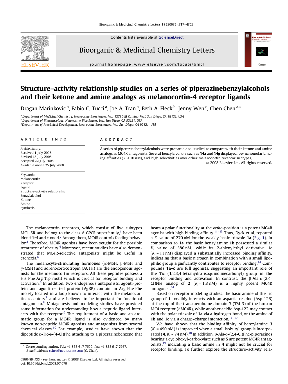 Structure–activity relationship studies on a series of piperazinebenzylalcohols and their ketone and amine analogs as melanocortin-4 receptor ligands