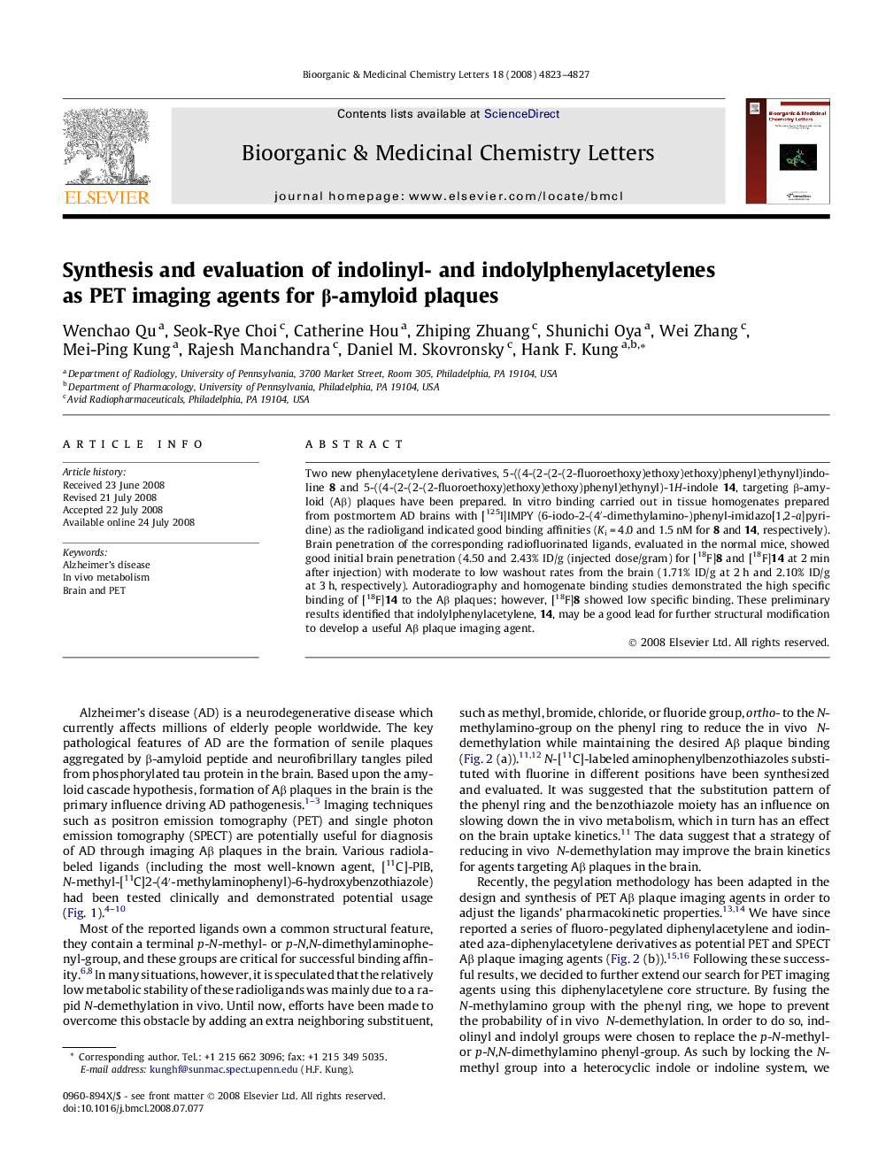 Synthesis and evaluation of indolinyl- and indolylphenylacetylenes as PET imaging agents for β-amyloid plaques