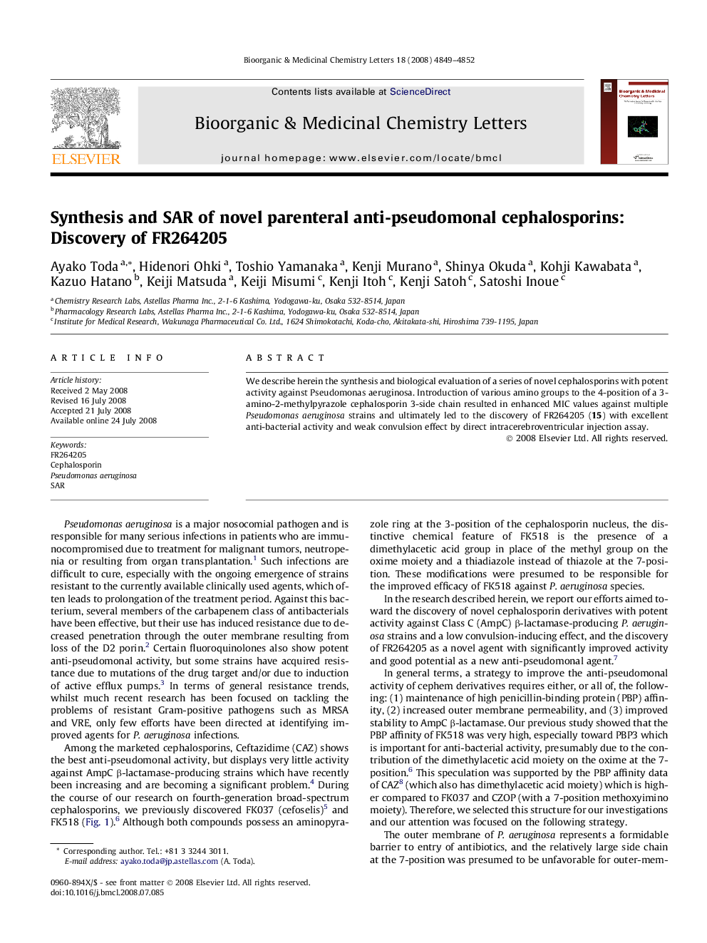 Synthesis and SAR of novel parenteral anti-pseudomonal cephalosporins: Discovery of FR264205