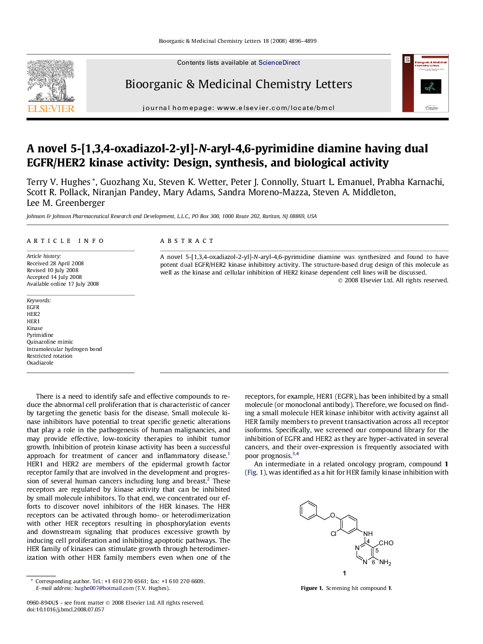 A novel 5-[1,3,4-oxadiazol-2-yl]-N-aryl-4,6-pyrimidine diamine having dual EGFR/HER2 kinase activity: Design, synthesis, and biological activity