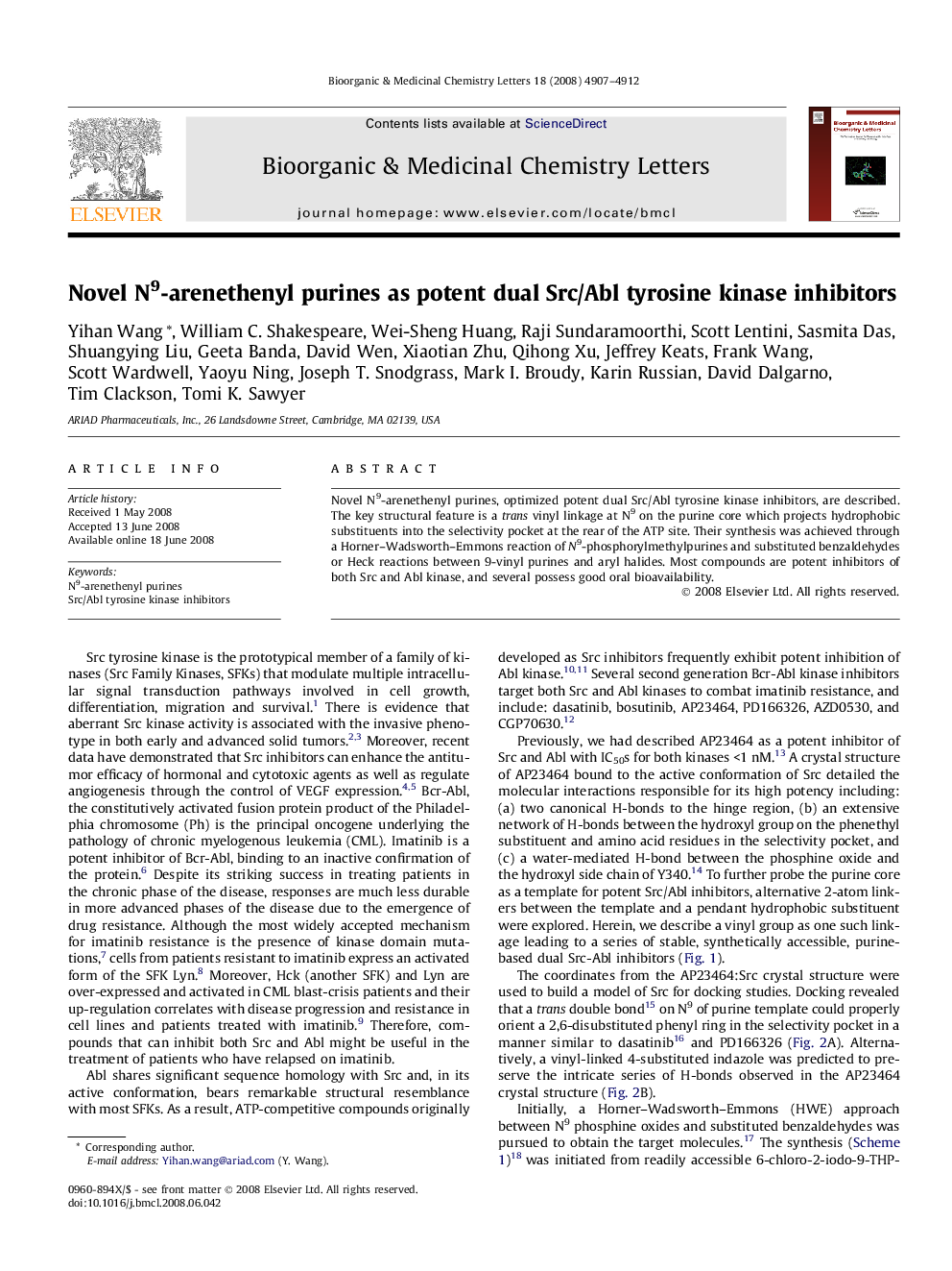 Novel N9-arenethenyl purines as potent dual Src/Abl tyrosine kinase inhibitors