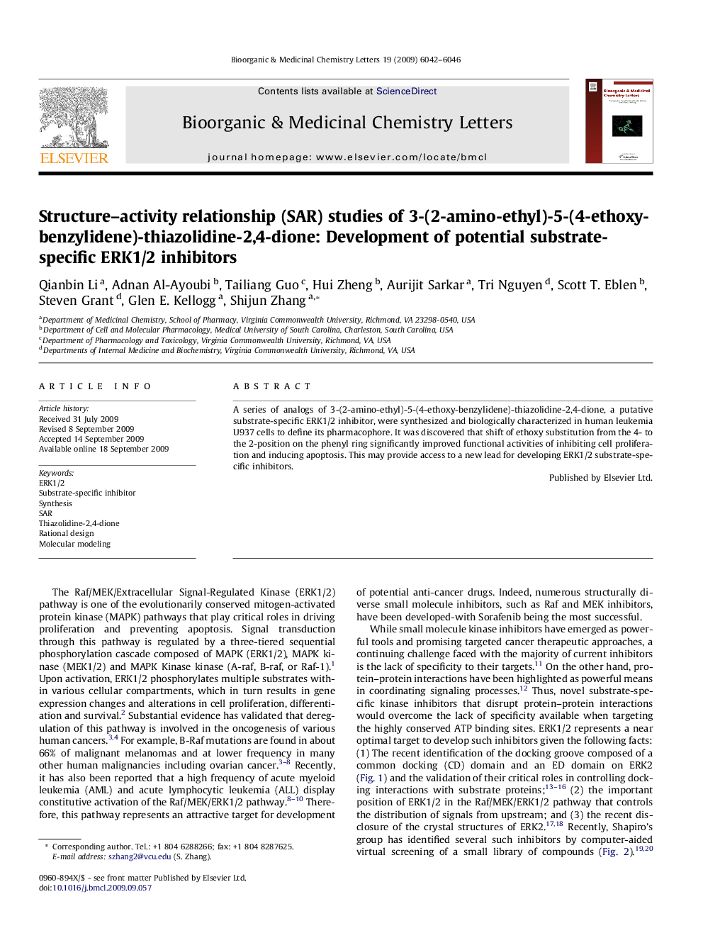 Structure–activity relationship (SAR) studies of 3-(2-amino-ethyl)-5-(4-ethoxy-benzylidene)-thiazolidine-2,4-dione: Development of potential substrate-specific ERK1/2 inhibitors