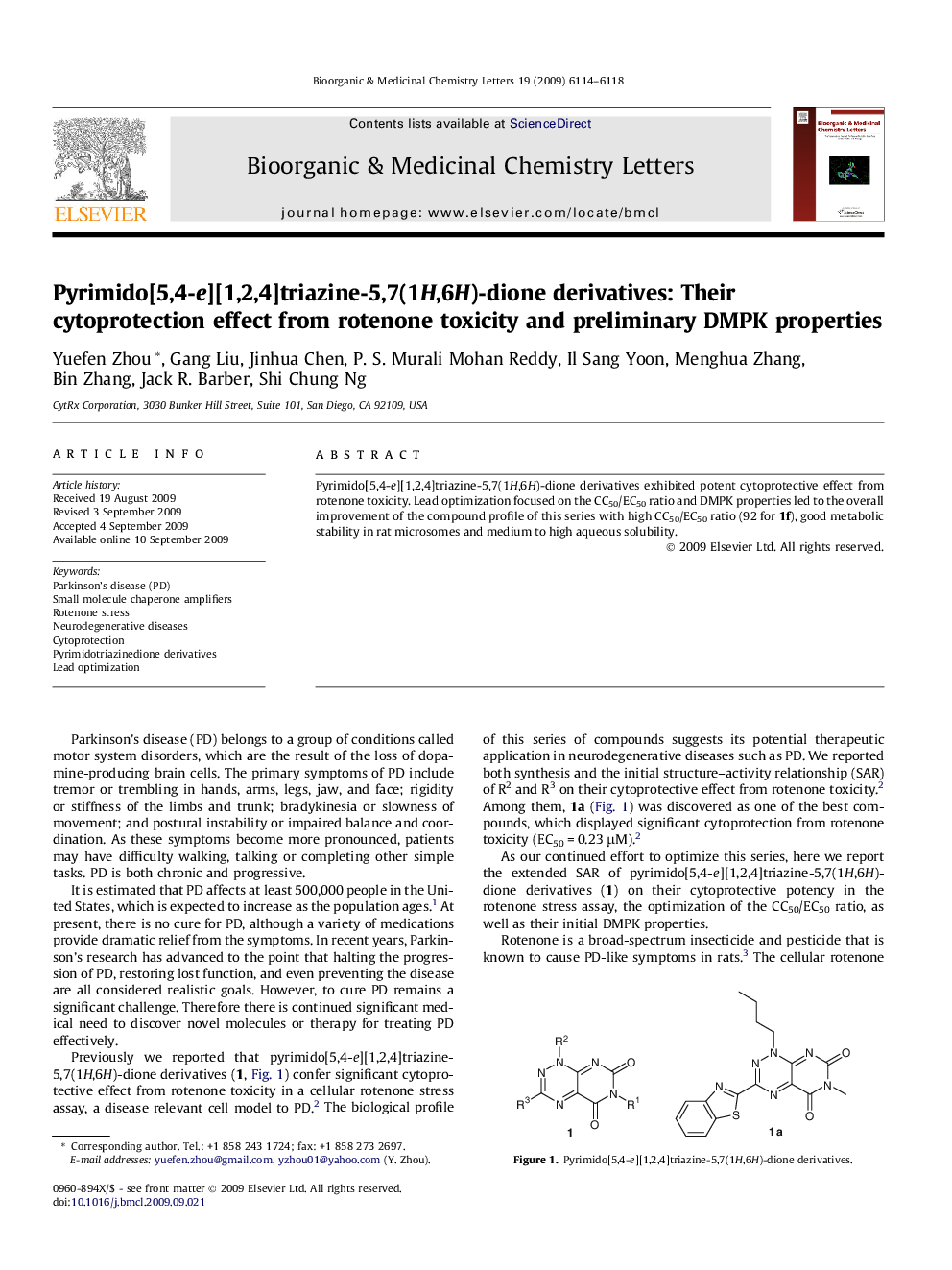 Pyrimido[5,4-e][1,2,4]triazine-5,7(1H,6H)-dione derivatives: Their cytoprotection effect from rotenone toxicity and preliminary DMPK properties