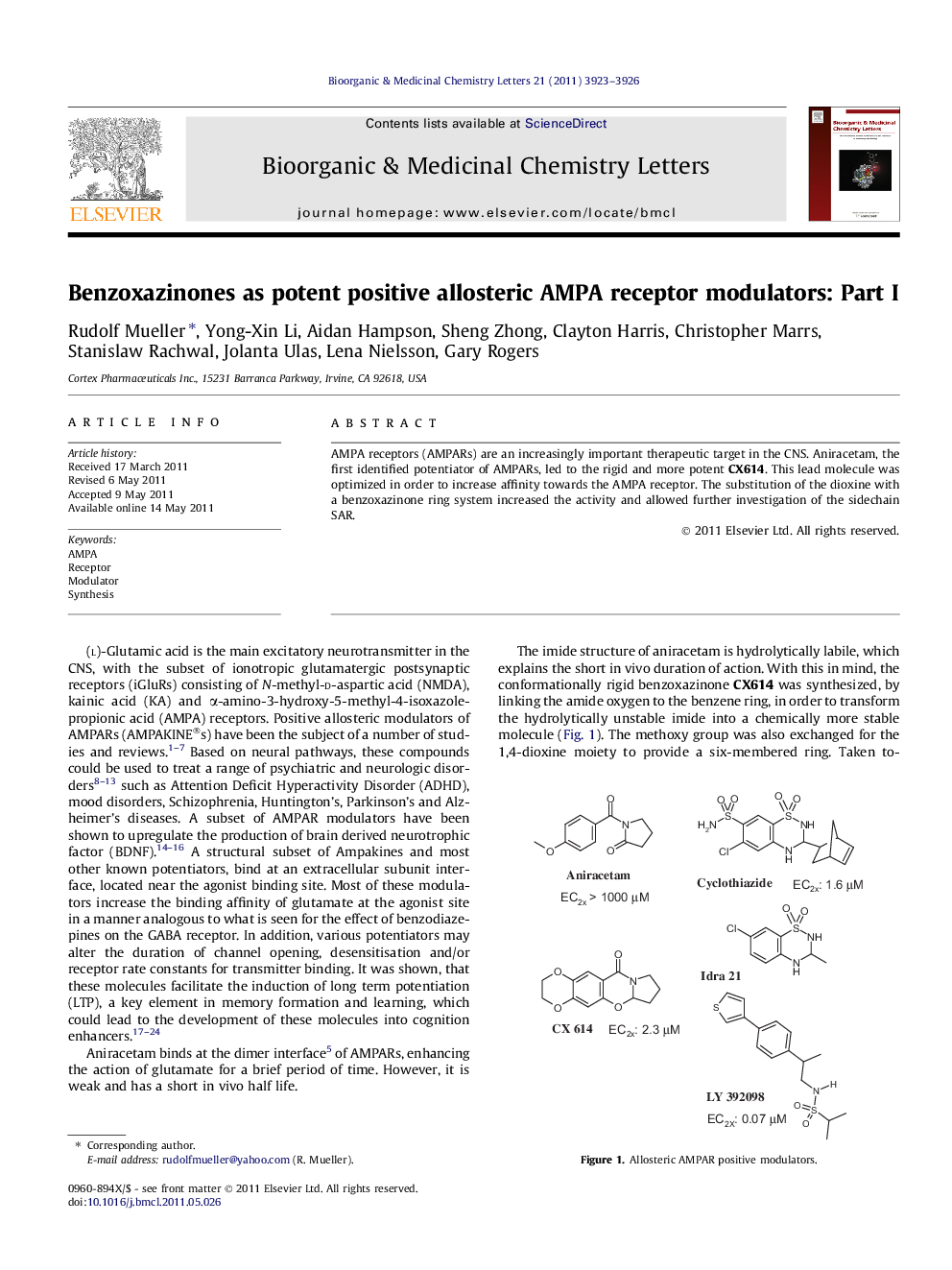 Benzoxazinones as potent positive allosteric AMPA receptor modulators: Part I