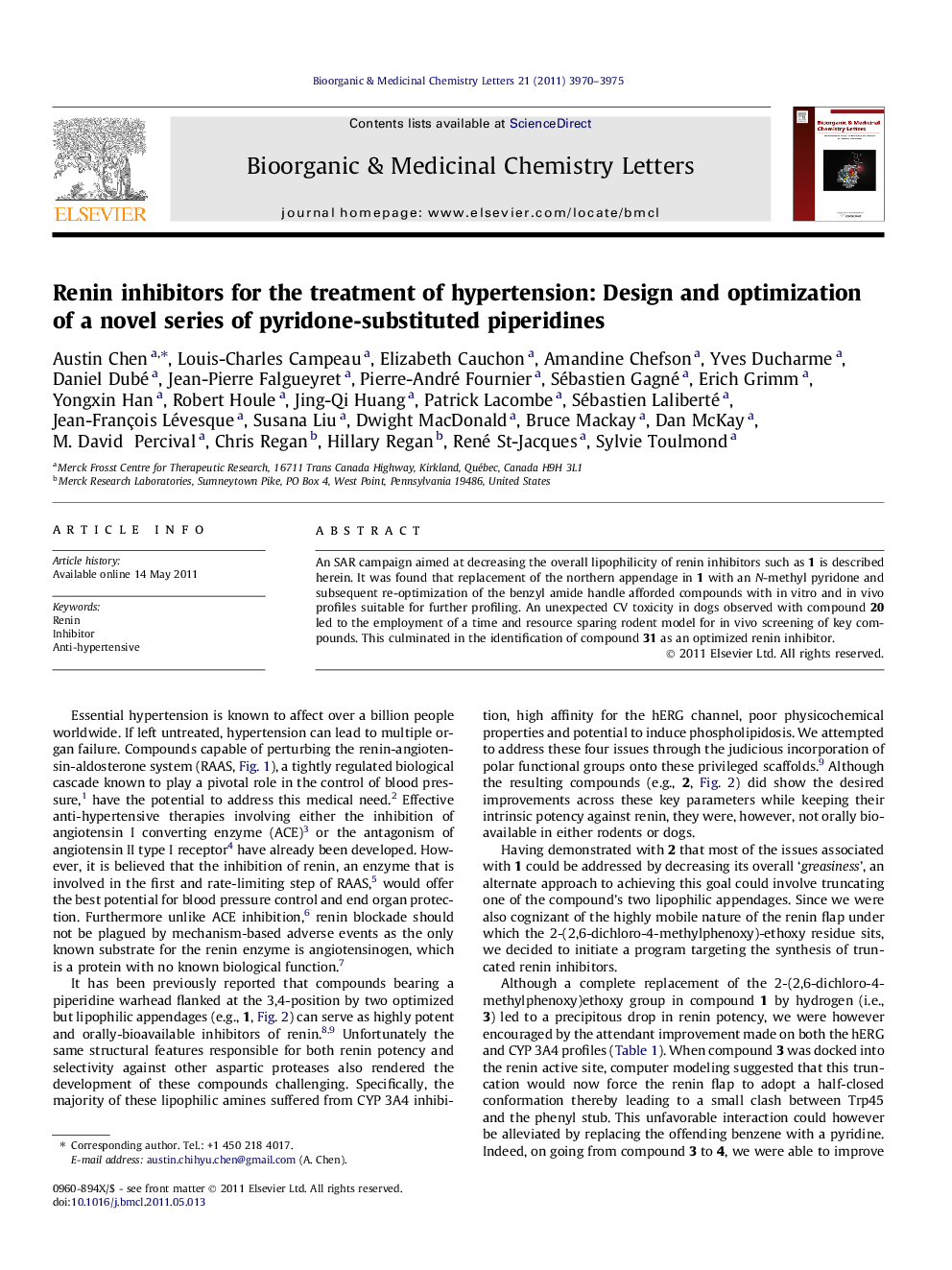 Renin inhibitors for the treatment of hypertension: Design and optimization of a novel series of pyridone-substituted piperidines