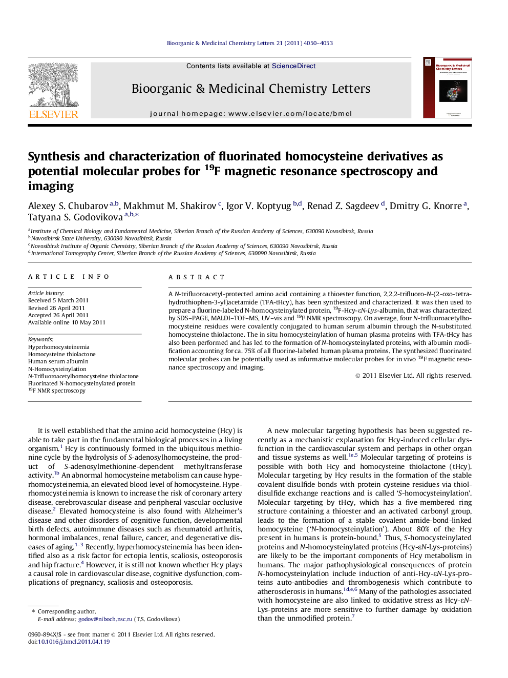 Synthesis and characterization of fluorinated homocysteine derivatives as potential molecular probes for 19F magnetic resonance spectroscopy and imaging