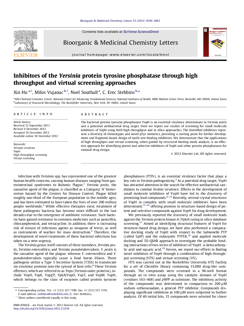 Inhibitors of the Yersinia protein tyrosine phosphatase through high throughput and virtual screening approaches