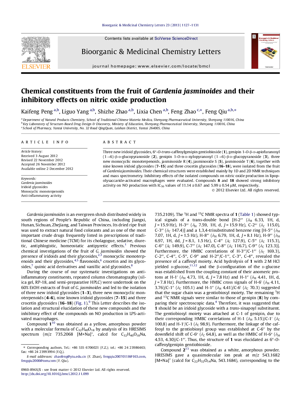 Chemical constituents from the fruit of Gardenia jasminoides and their inhibitory effects on nitric oxide production