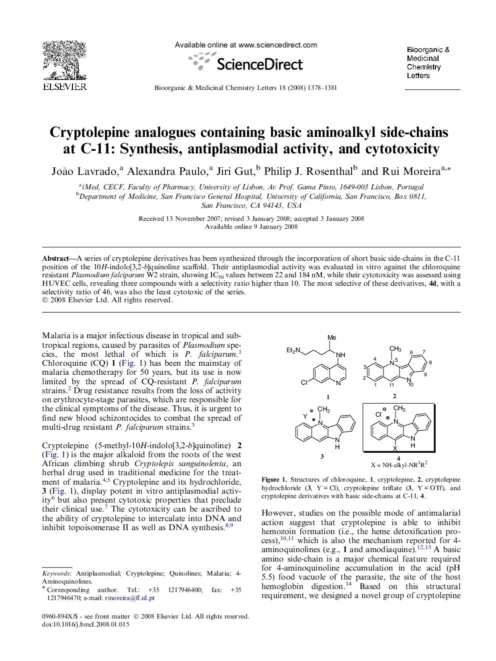 Cryptolepine analogues containing basic aminoalkyl side-chains at C-11: Synthesis, antiplasmodial activity, and cytotoxicity