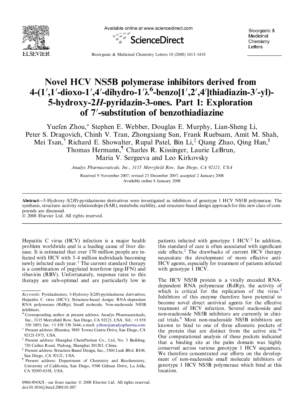 Novel HCV NS5B polymerase inhibitors derived from 4-(1′,1′-dioxo-1′,4′-dihydro-1′λ6-benzo[1′,2′,4′]thiadiazin-3′-yl)-5-hydroxy-2H-pyridazin-3-ones. Part 1: Exploration of 7′-substitution of benzothiadiazine