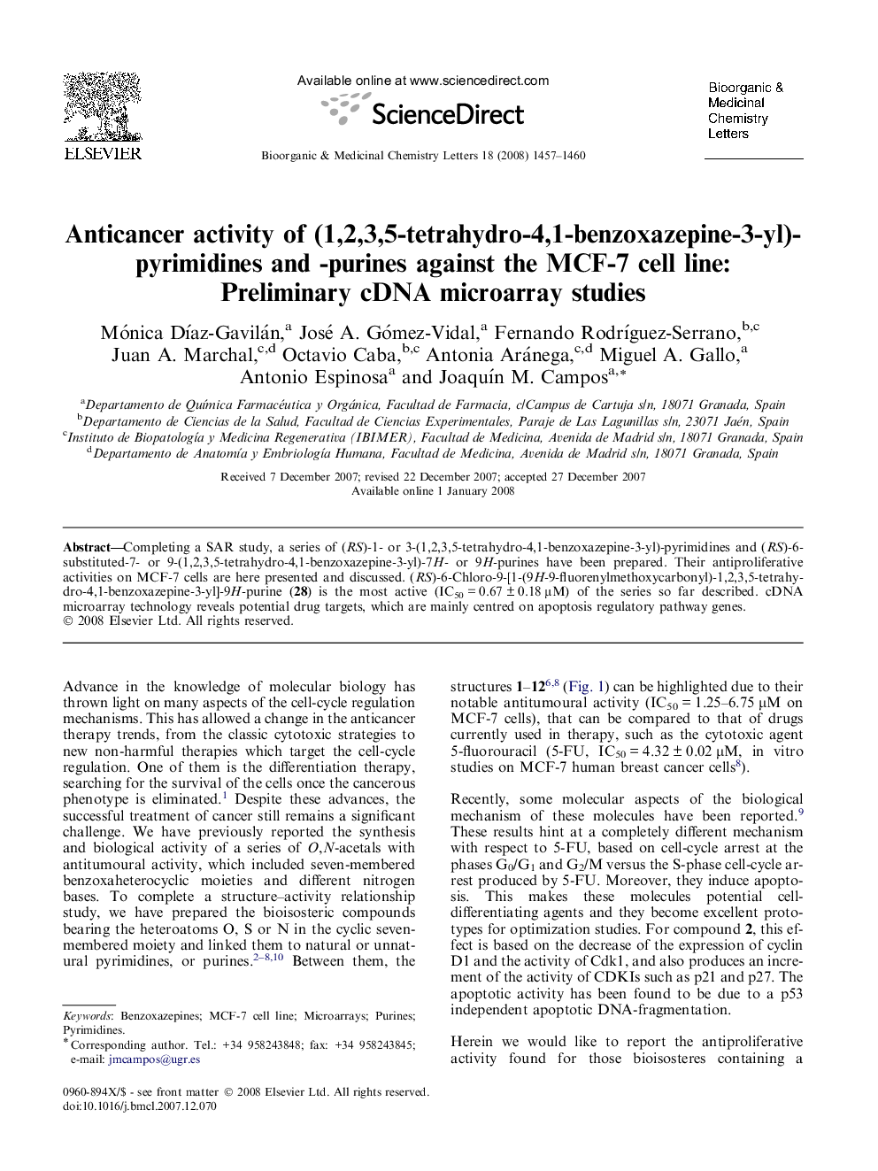 Anticancer activity of (1,2,3,5-tetrahydro-4,1-benzoxazepine-3-yl)-pyrimidines and -purines against the MCF-7 cell line: Preliminary cDNA microarray studies