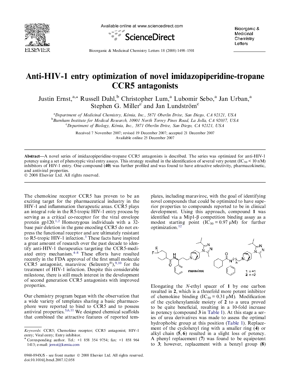 Anti-HIV-1 entry optimization of novel imidazopiperidine-tropane CCR5 antagonists