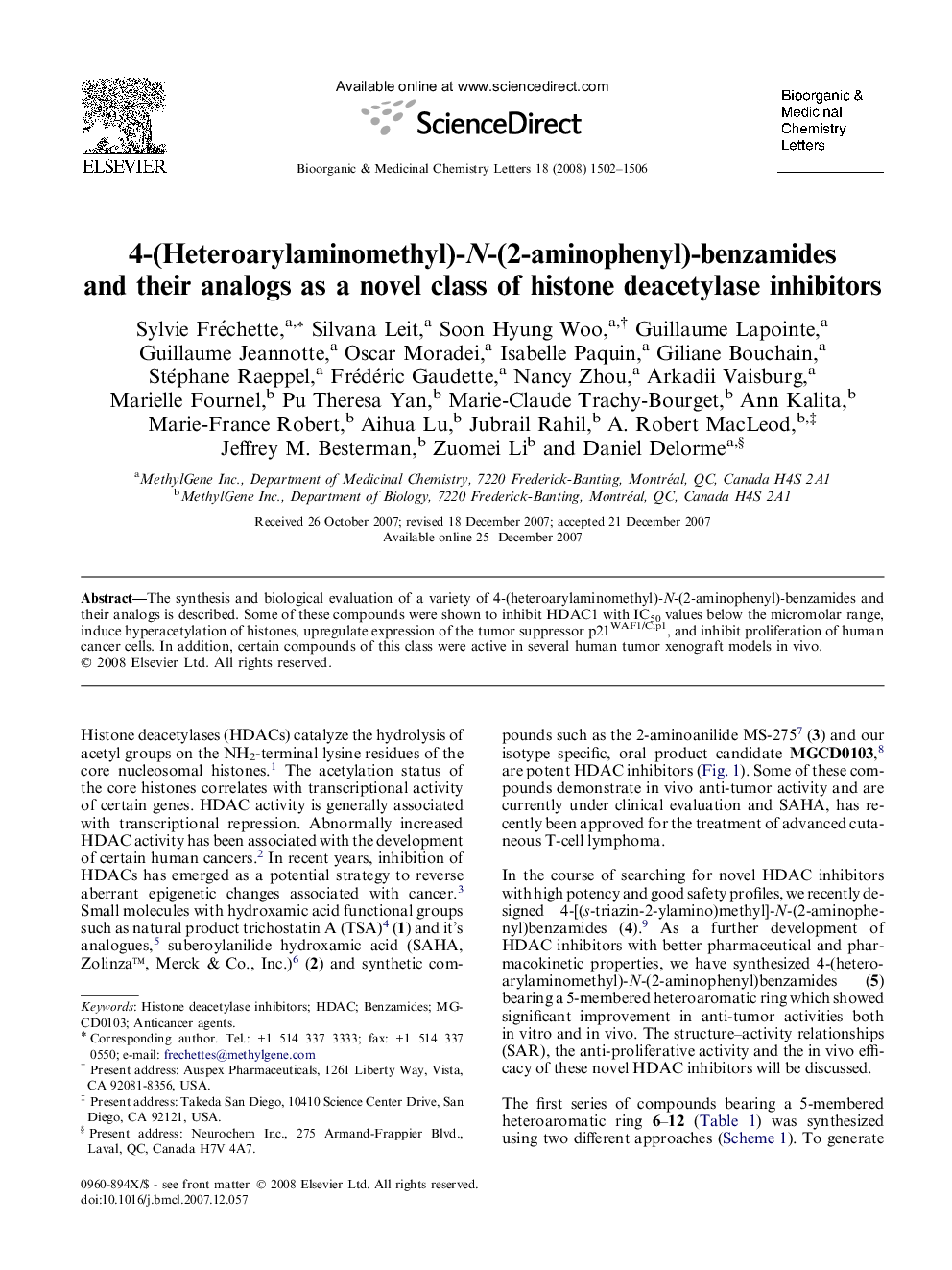 عکس صفحه اول مقاله: 4-(Heteroarylaminomethyl)-N-(2-aminophenyl)-benzamides and their analogs as a novel class of histone deacetylase inhibitors 4-(Heteroarylaminomethyl)-N-(2-aminophenyl)-benzamides and their analogs as a novel class of histone deacetylase inhibitors