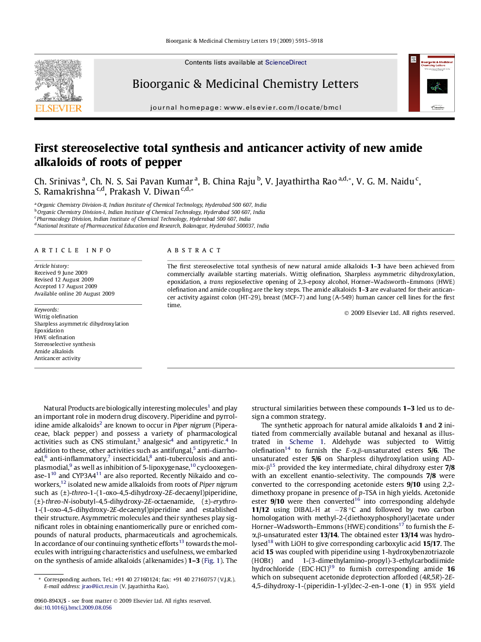 First stereoselective total synthesis and anticancer activity of new amide alkaloids of roots of pepper