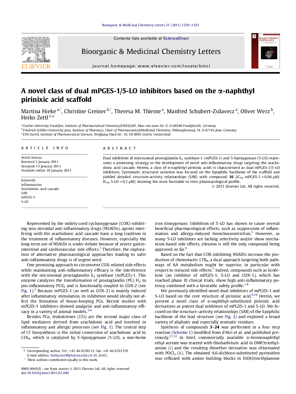 A novel class of dual mPGES-1/5-LO inhibitors based on the α-naphthyl pirinixic acid scaffold