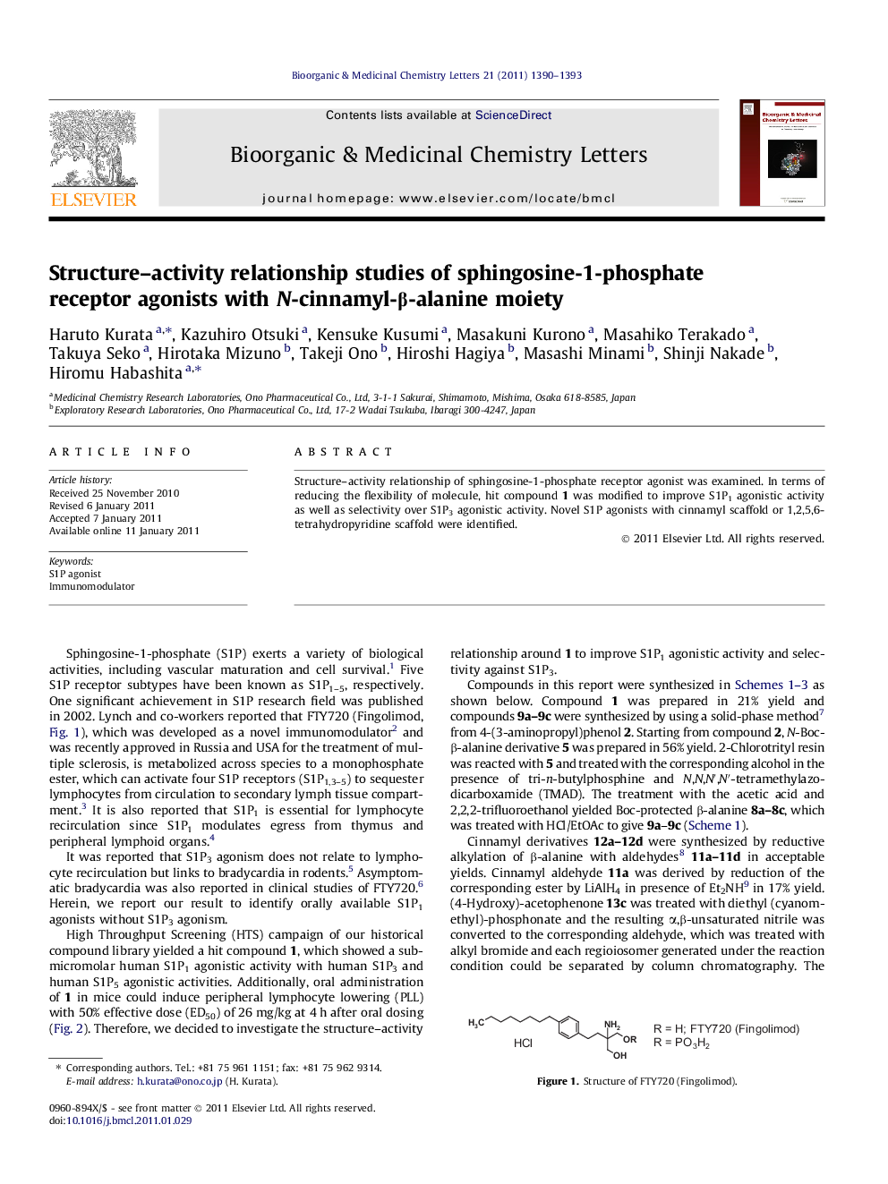 Structure–activity relationship studies of sphingosine-1-phosphate receptor agonists with N-cinnamyl-β-alanine moiety