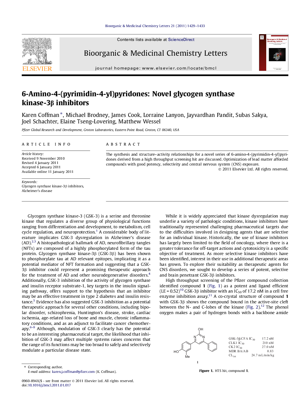 6-Amino-4-(pyrimidin-4-yl)pyridones: Novel glycogen synthase kinase-3β inhibitors