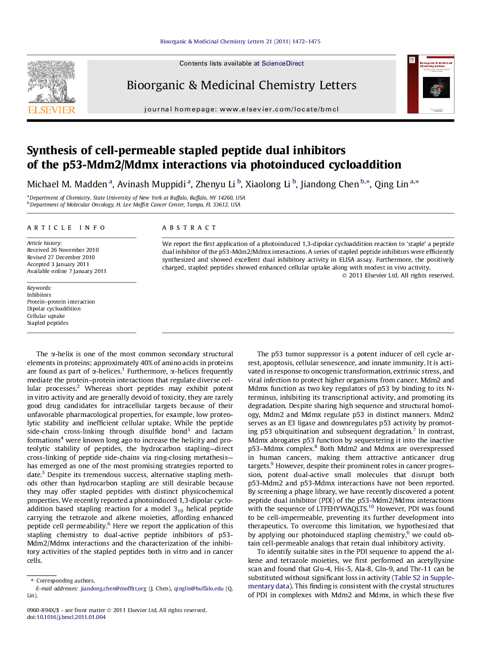 Synthesis of cell-permeable stapled peptide dual inhibitors of the p53-Mdm2/Mdmx interactions via photoinduced cycloaddition