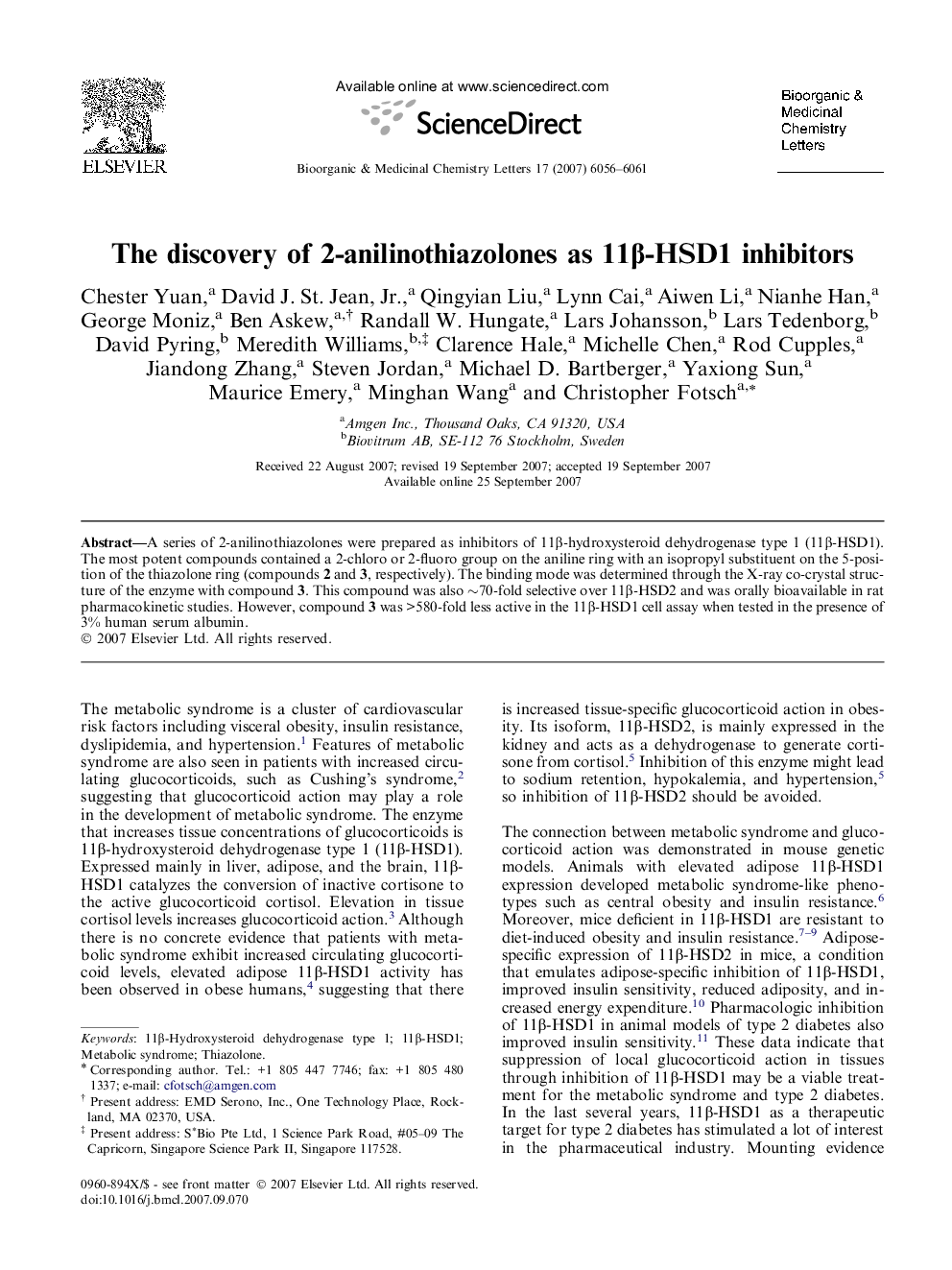 The discovery of 2-anilinothiazolones as 11β-HSD1 inhibitors