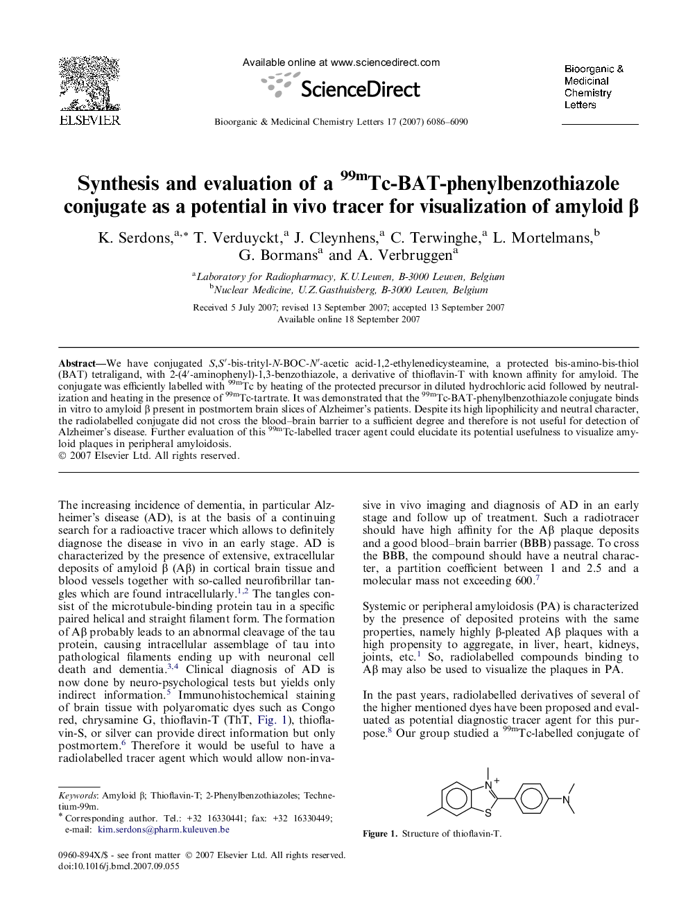 Synthesis and evaluation of a 99mTc-BAT-phenylbenzothiazole conjugate as a potential in vivo tracer for visualization of amyloid β