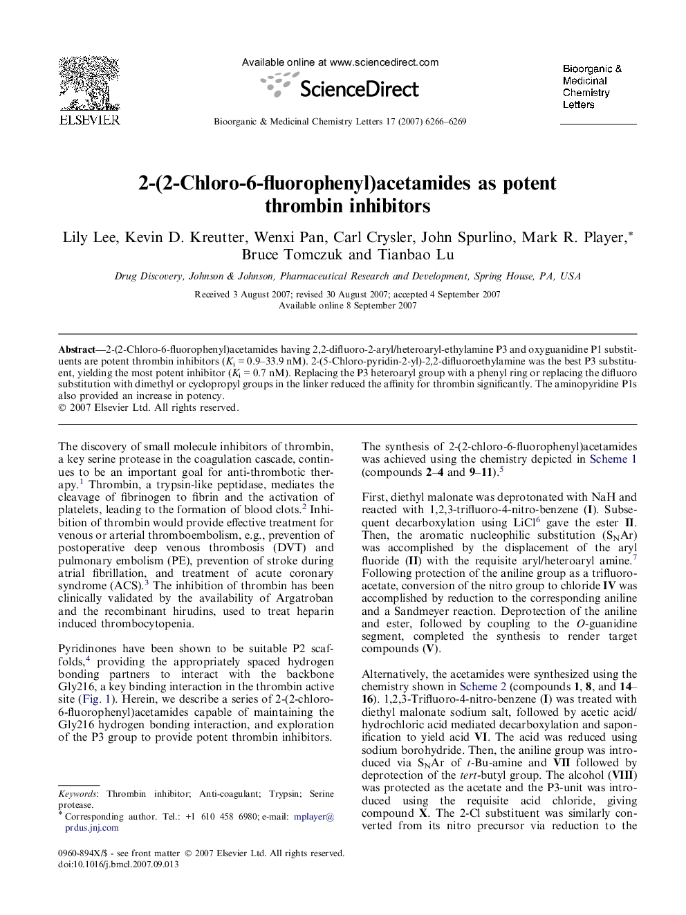 2-(2-Chloro-6-fluorophenyl)acetamides as potent thrombin inhibitors